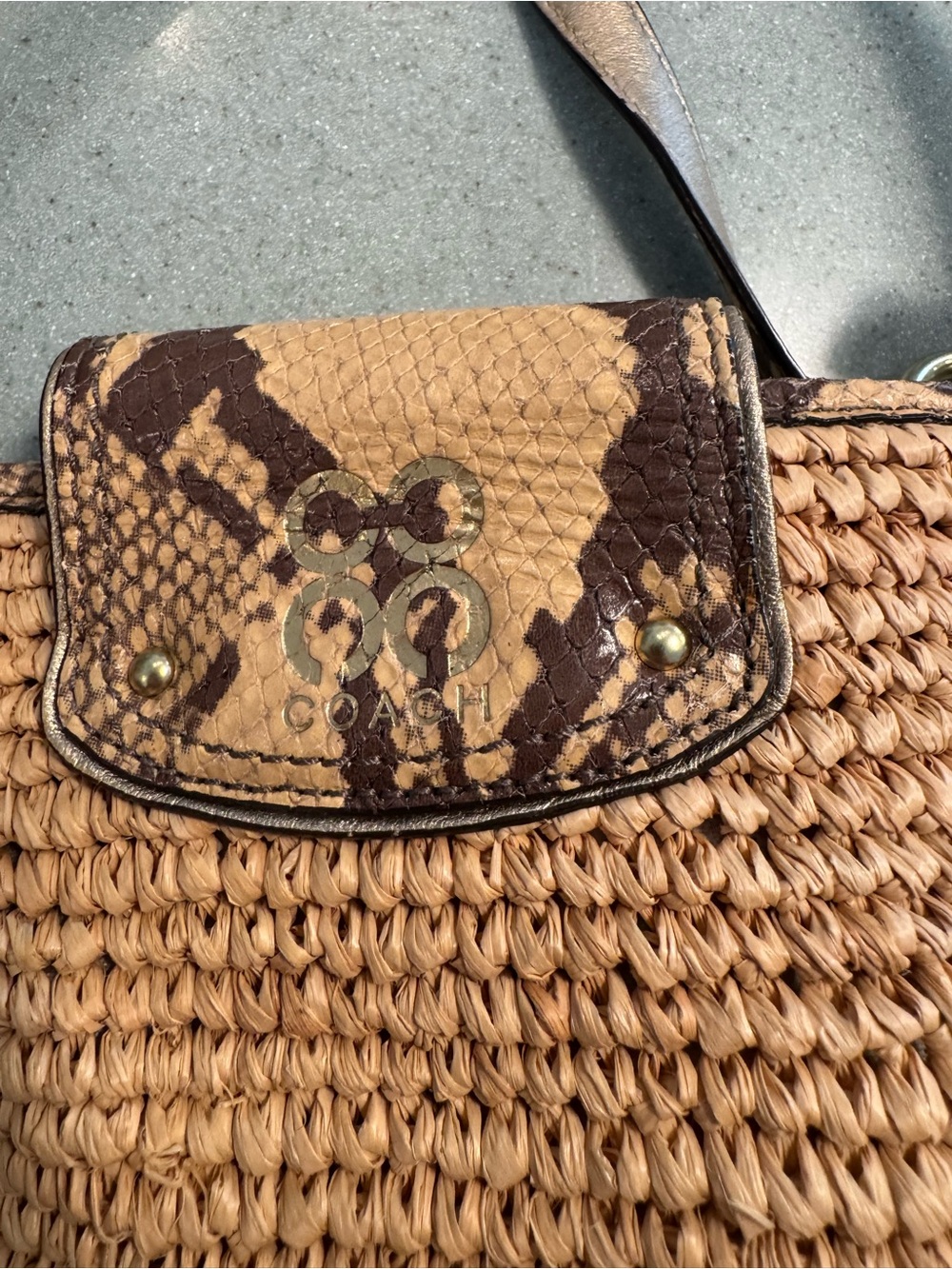 Coach Woven Straw Tote in Brown with Floral Charm - Picture 8 of 10